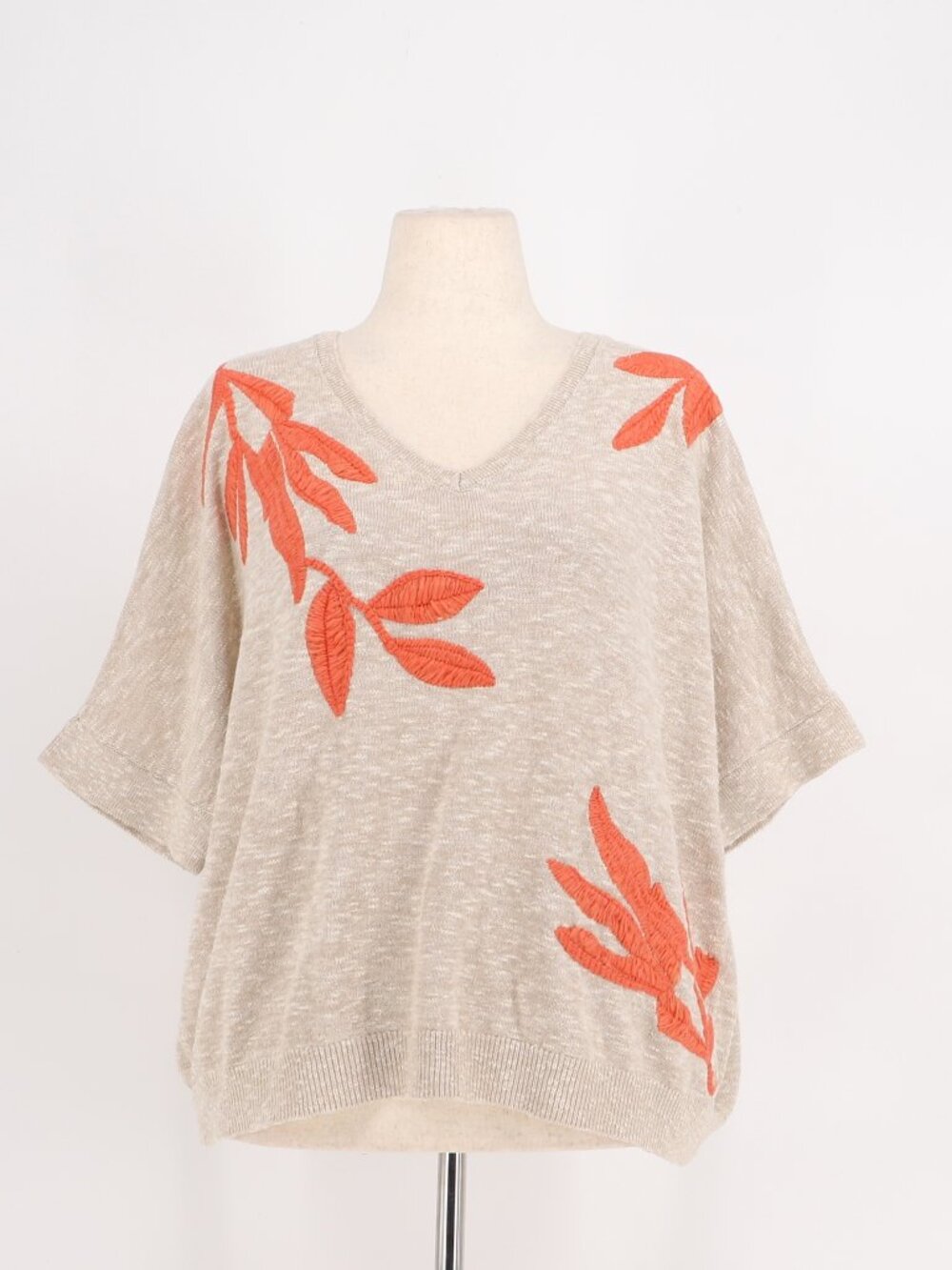 CHICO'S Linen Blend Leaf Embroidered Short-sleeve V-neck Sweater Size 4/XXL